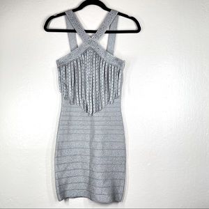 New ~ BeBe Embellished Fringe Silver Metallic Dress Size XS
